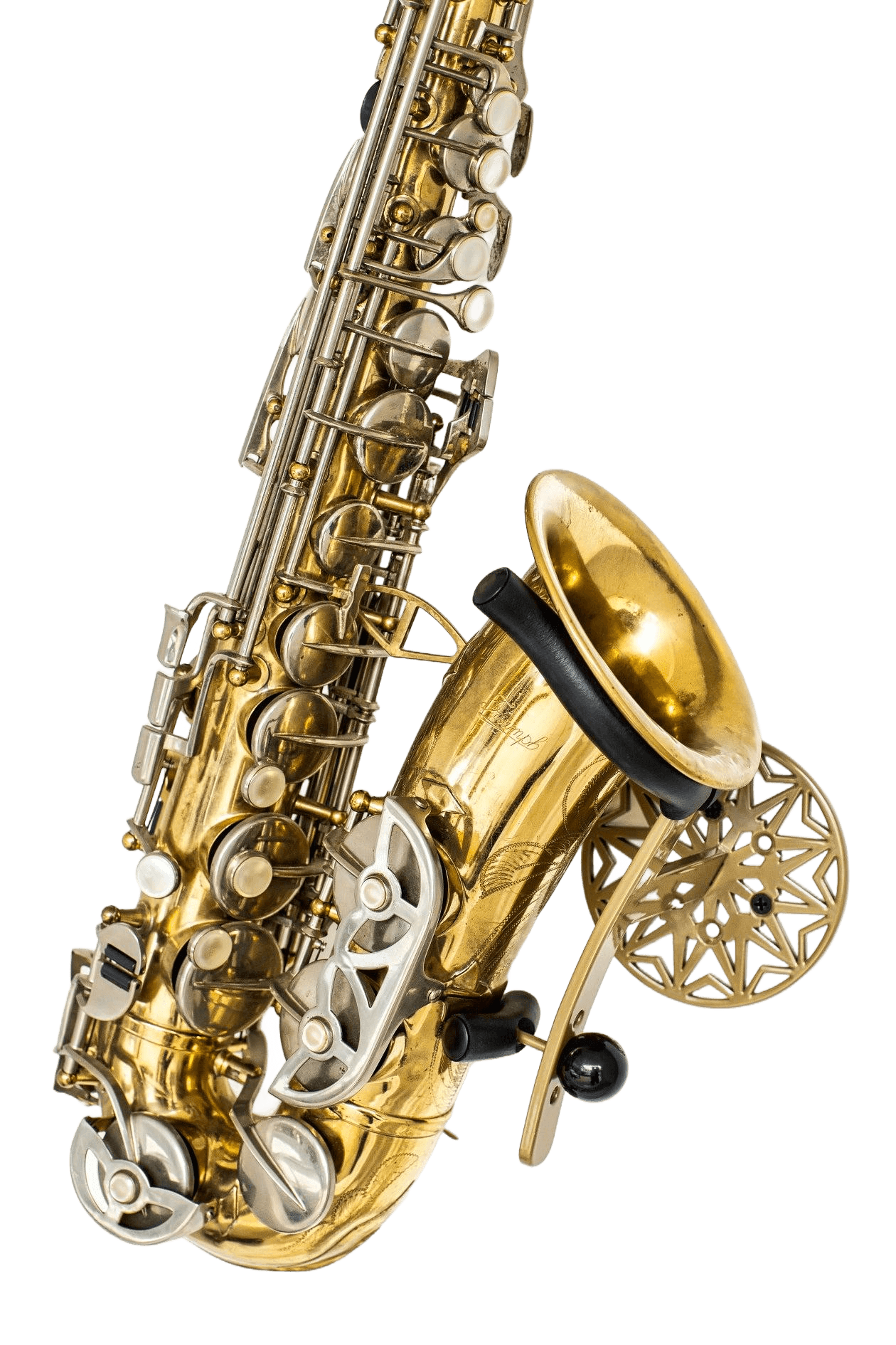 golden alto saxophone in wallmount white wall product photo Locoparasaxo