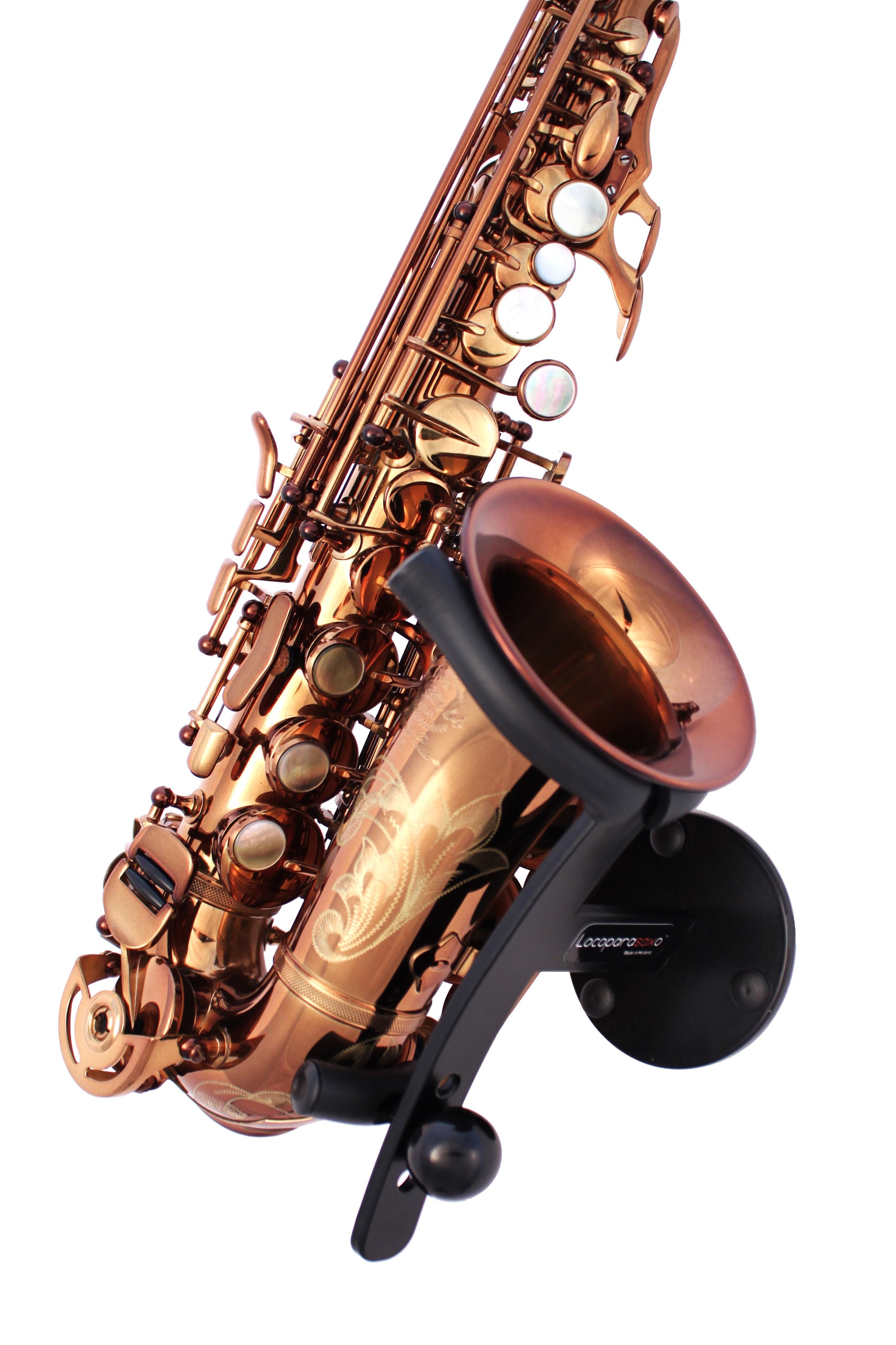 curved soprano saxophone in black wall stand by Locoparasaxo