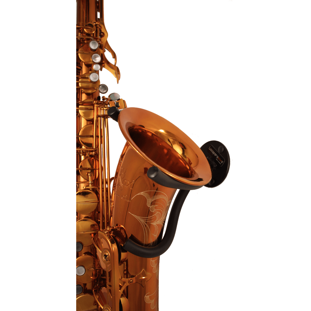 wallmounted sax stand with vertical red gold tenor saxophone on white backdrop Locoparasaxo product picture